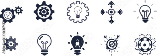 Illustration showcasing gears and light bulbs representing concepts of innovation and mechanical processes | editable eps vectors silhouette