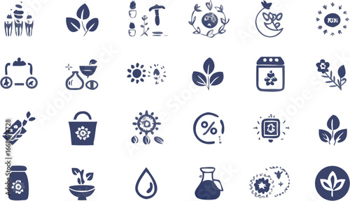Collection of diverse botanical and agricultural icons in a minimalist style showcasing nature elements | editable eps vectors silhouette