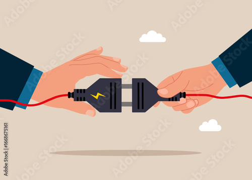 Hands  connecting electrical plugs to each other. Technology Connection Concept. Flat vector illustration