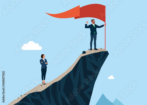 Business leadership and support concept. Businessman at the of the mountain peak with a red flag. Flat vector illustration