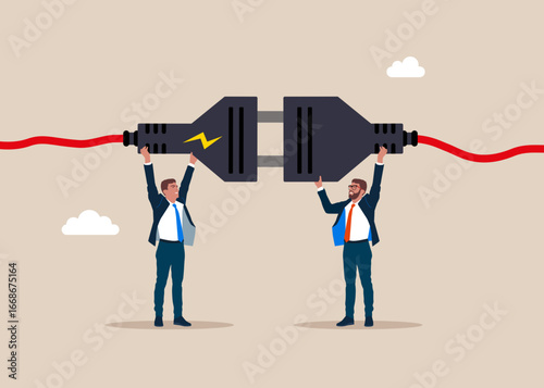 Two businessmen connecting electrical plugs to each other. Technology Connection Concept. Flat vector illustration