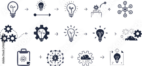 Illustration showing a sequence of ideas evolving from lightbulbs to gears and ending on a documented idea | editable eps vectors silhouette