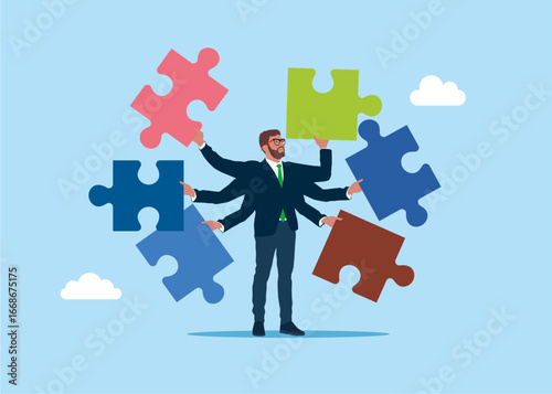 Six hands. Businessman has puzzles in his four hands. Businessman connecting jigsaw puzzles with many hands. Flat vector illustration.