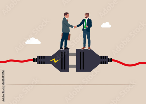 Business merger and acquisition. Two businessmen in business suits shaking hands while standing on connected electrical plugs. Flat vector illustration