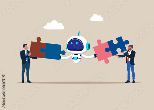 Robot connecting jigsaw puzzle. Thinking to solve technology problem, digital connection concept. Flat vector illustration.