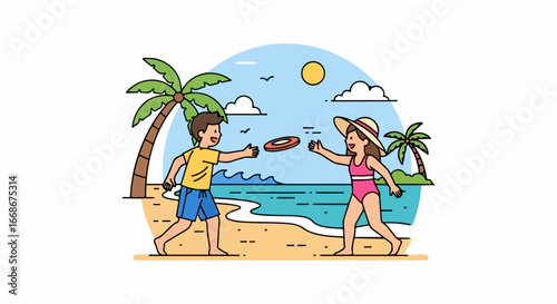 Kids playing frisbee on the beach during summer vacation, enjoying the sunny day.
