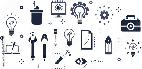 Illustration of creative tools and symbols including lightbulbs camera and drawing implements design icons | editable eps vectors silhouette