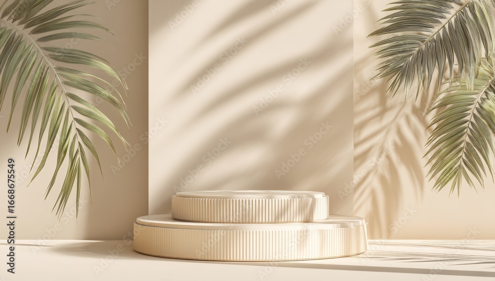 Minimalist beige podium with tropical shadows Minimalist beige podium with tropical shadows