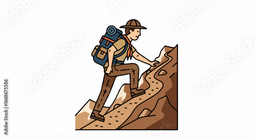 Man Climbing Mountain with Backpack Adventure.