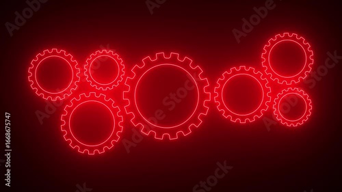 Glowing neon Red gear , wheels moving or flying to each other. Symbol of productivity. Icon of quick cooperation.gears and cogs icon animation .