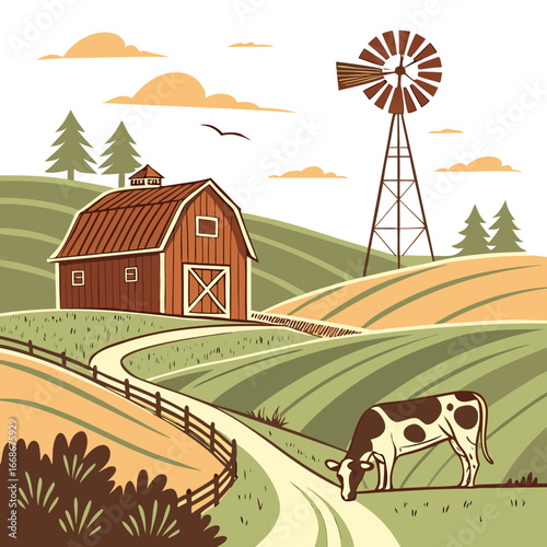 A vintage farm landscape with a barn, windmill, cow, and rolling hills, for a rustic and rural illustration