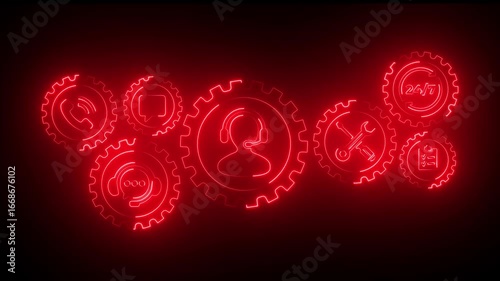 Glowing neon Red Moving Gears and customer service Concept animation .Repair Icon, Customer service representative with headset surrounded by communication icons and symbols animation .4k animation .