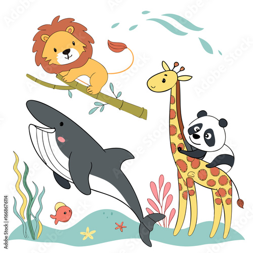 A whimsical animal collection featuring a lion, giraffe, panda, whale, and fish in a playful composition, , creating a cute illustration