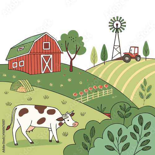 A charming farm scene featuring a cow, barn, tractor, and windmill on rolling hills, , creating a delightful countryside illustration