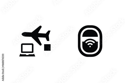 Digital nomad icons airplane laptop wifi symbol and aircraft window with signal