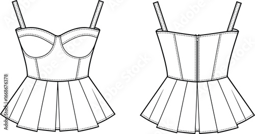 Bustier peplum top vector, front and back view, pleated hem, structured cup design, fashion technical flat sketch illustration