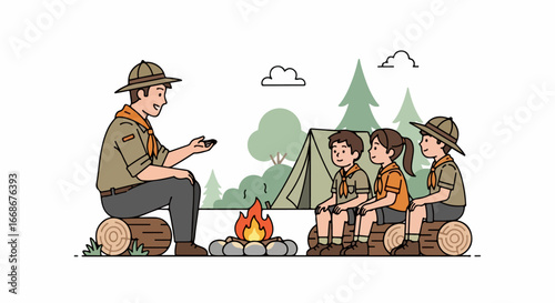 Scout leader tells story to young scouts around campfire.