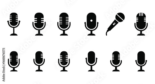 A collection of various microphone icons in black and white