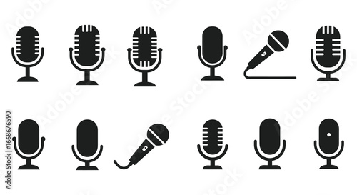 Collection of various vintage and modern microphone icons in black