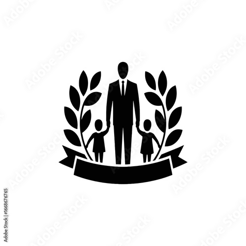 Fatherhood recognition symbol laurel wreath and banner with family figures celebrating parenthood white background