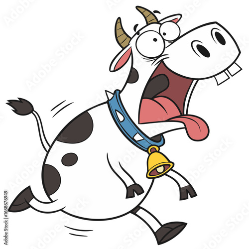 A humorous cartoon illustration of a crazy cow running in panic
