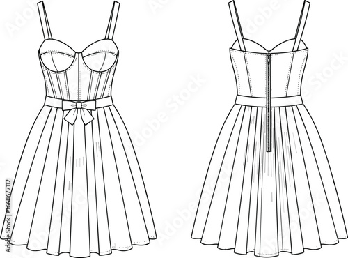 Women’s sleeveless dress flat sketch, sweetheart neckline, fitted bodice with bow belt, pleated skirt, zipper back, elegant summer fashion