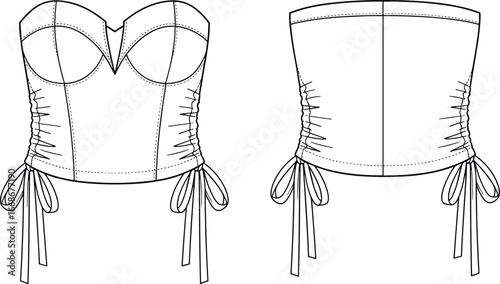 Strapless corset top flat sketch, ruched sides with tied ribbons, sweetheart neckline, women’s fashion design, trendy summer crop top