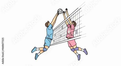 Volleyball players spiking the ball over the net.