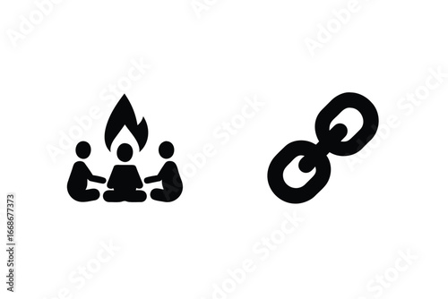 Friends gathered around a campfire symbolizing togetherness and connection with linked rings icon
