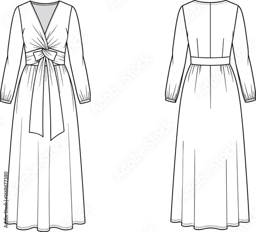Elegant long-sleeve maxi dress flat sketch, V-neck wrap style with waist tie, formal women’s evening gown illustration