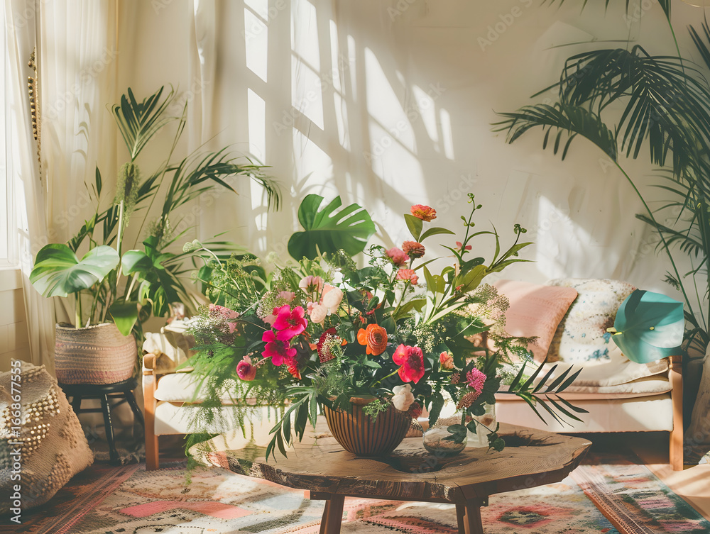 Fototapeta premium A cozy living space filled with lush greenery and a beautifully arranged bouquet of fresh flowers, creating a peaceful and inviting atmosphere for relaxation and enjoying nature indoors.