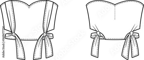 Trendy women’s crop top fashion sketch, tie-front bustier design illustration, stylish strapless summer top template, apparel flat drawing