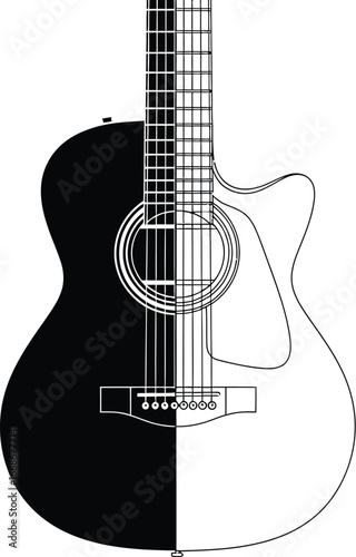 Black and white acoustic guitar illustration on a white background
