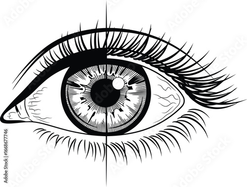 Detailed eye illustration with intricate line work and long lashes