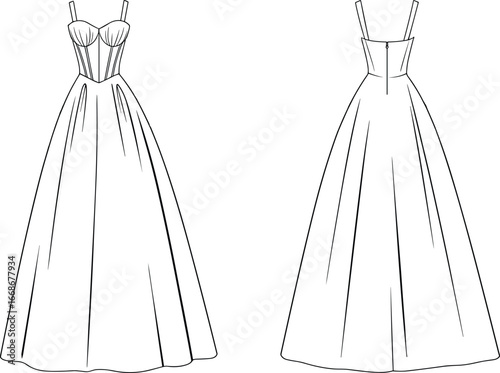 Elegant long evening gown fashion sketch, corset bodice dress design, formal women’s wear illustration, bridal and couture inspiration