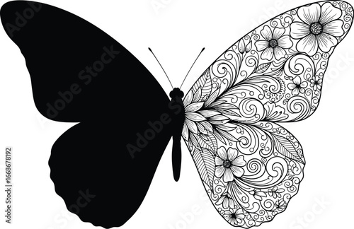 Half solid half floral patterned butterfly on a white background