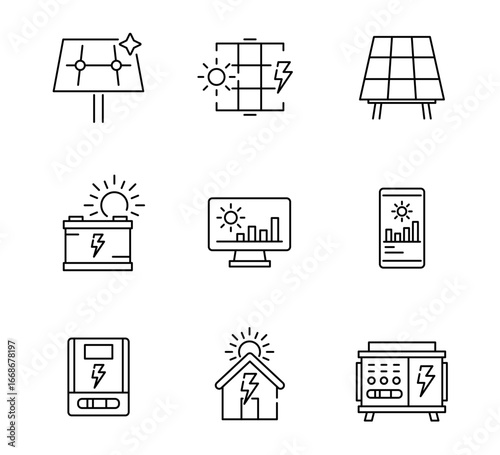 Set of Solar panel outline icon, Solar cell information dashboard, Sun power photovoltaic, home system and renewable electric energy technology, generator editable stroke