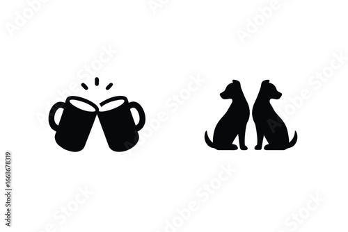 Two companionship symbols cheersing mugs and seated dogs symbolizing friendship