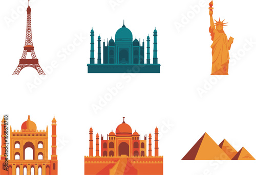 Collection of world famous landmarks including Eiffel Tower, Taj Mahal, Statue of Liberty, Egyptian Pyramids, Gateway of India, global monuments for travel, tourism, and architecture