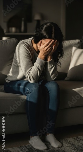 Woman crying sofa home grief interior therapy