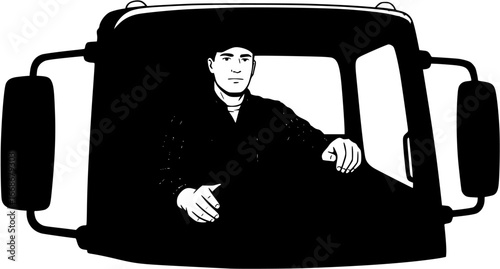 a truck driver focuses on the road while seated behind the wheel against an isolated white backgroun