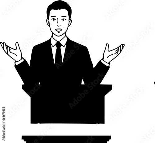  of a lawyer presenting a case confidently in a courtroom setting against a clean white background
