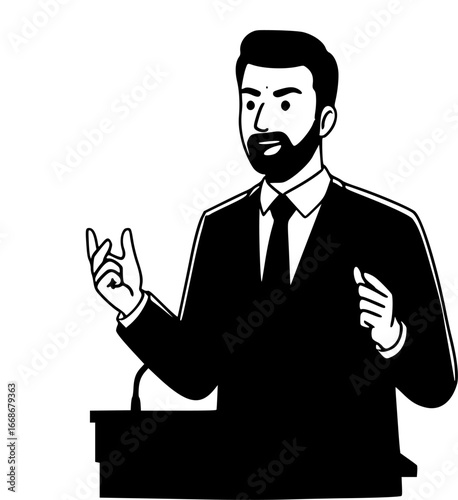  of a lawyer presenting a case confidently in a courtroom setting against a clean white background