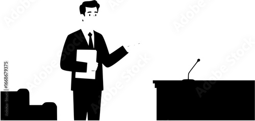  of a lawyer presenting a case confidently in a courtroom setting against a clean white background