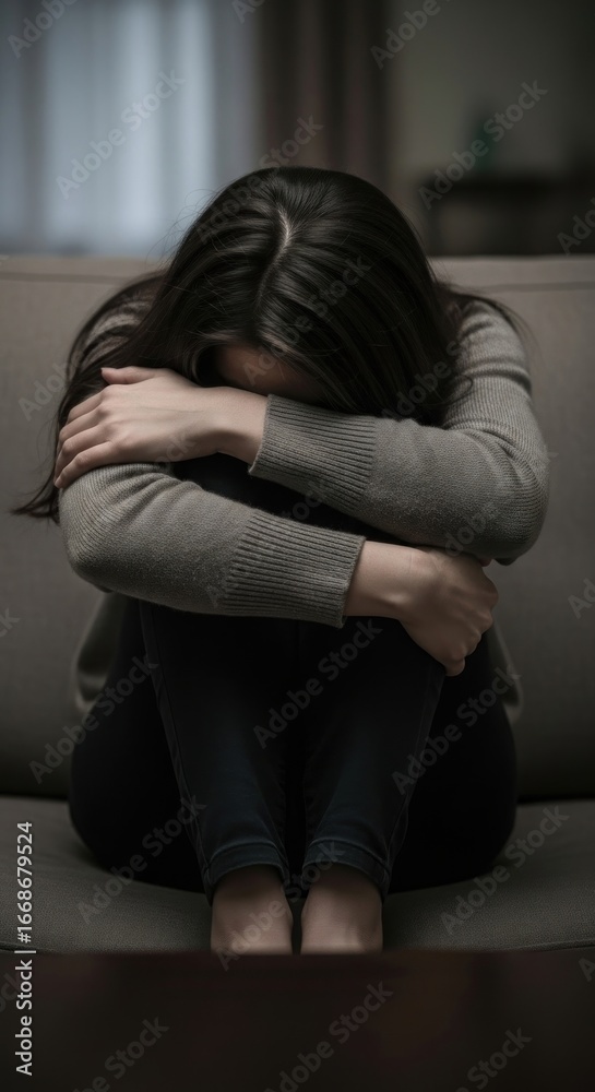 Fototapeta premium Woman grieving indoors, home, dimly lit, sadness
