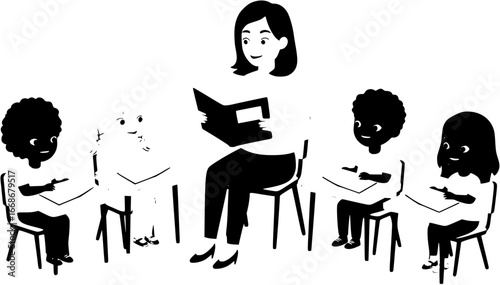 teacher reading to young students on a white background during a classroom activity
