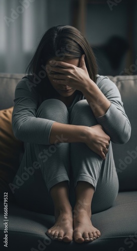 Woman grieving indoors, alone on couch, blurred background, mental health