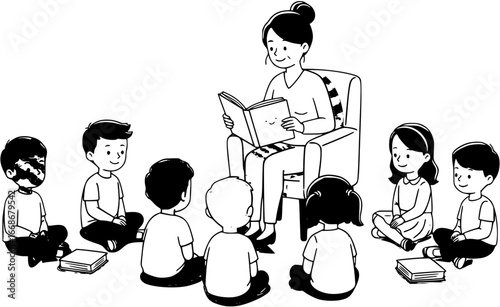 teacher reading to young students on a white background during a classroom activity