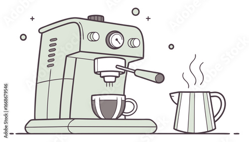 light green color Coffee machine with cup of espresso icon. Modern kitchen utensil for cooking hot drinks in cafe. Coffe maker with mug. Appliance for preparing beverages. Flat isolated vector illustr