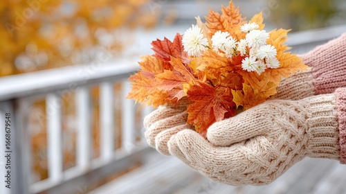 Close Up of Hands in Cream Knit Gloves Holding Autumn Leaves and Flowers